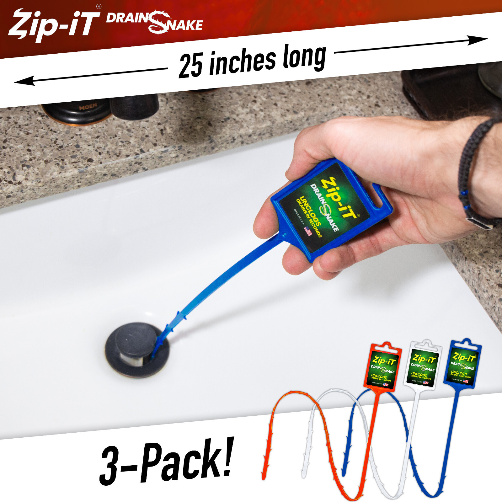 ZIP IT DRAIN CLEANER, 3-Pack Plastic Drain Stick Hair Clog Remover, drain snake