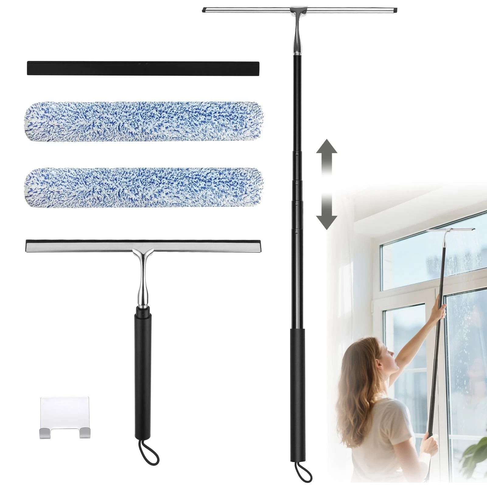 Squeegee for Shower Glass with Long Handle – Extends 13″ to 48″, Includes 2 T…