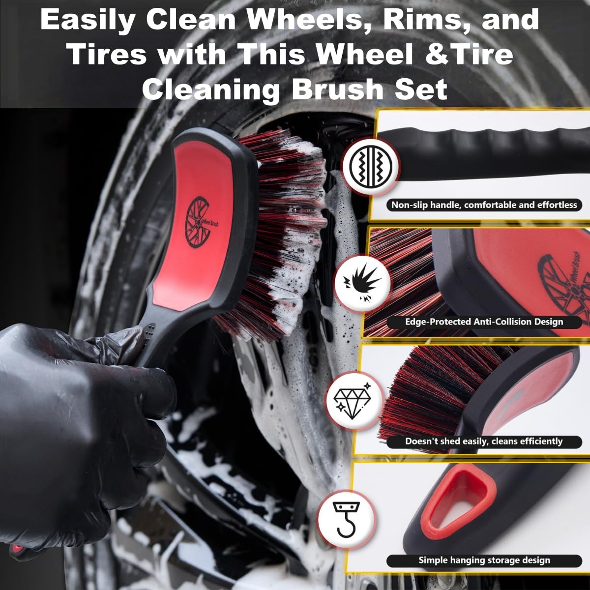 Car Wheel & Tire Brush Set, 2Pack Tire Brush and Wheel Rim Brush, Soft & Stif.
