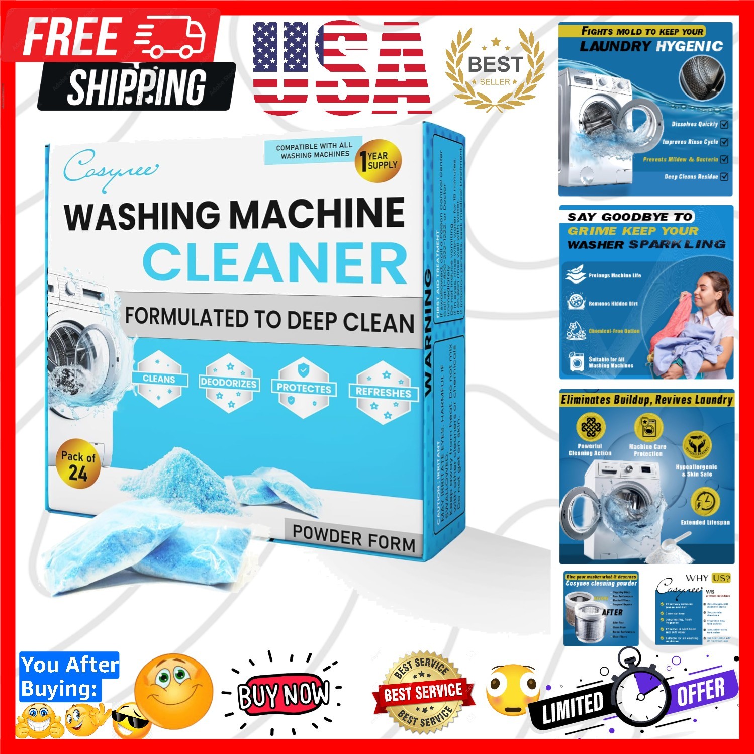 Washing Machine Cleaner Powder, 1Year Supply 24 Packs for Front & Top Load Wa…