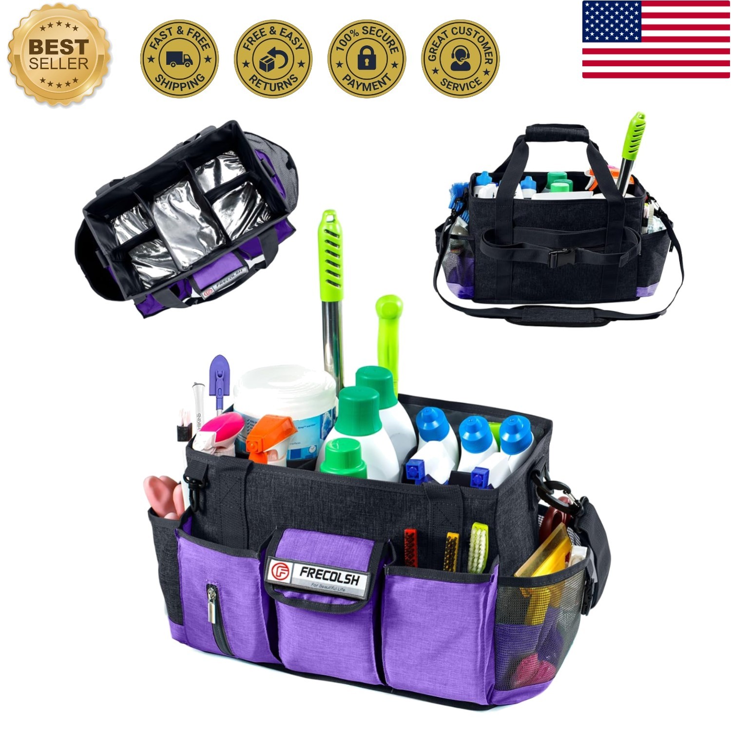 Sturdy Purple Cleaning Organizer with Waterproof Pockets for Housekeeping Needs