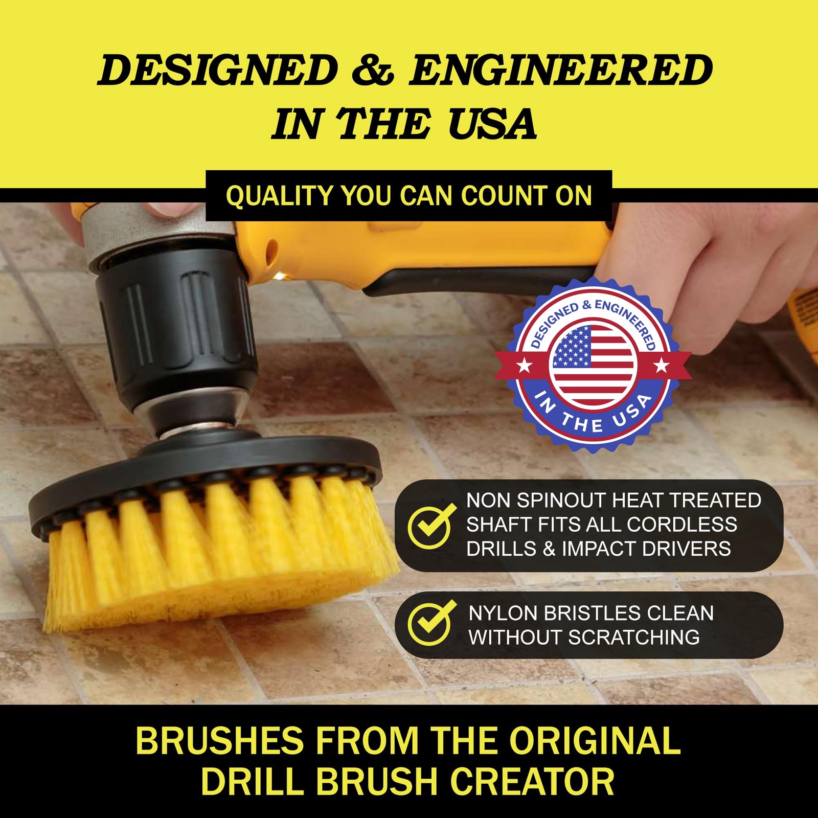 Drillbrush Drill 2in, 4in, 3.5in corner brush, All Purpose Medium Yellow