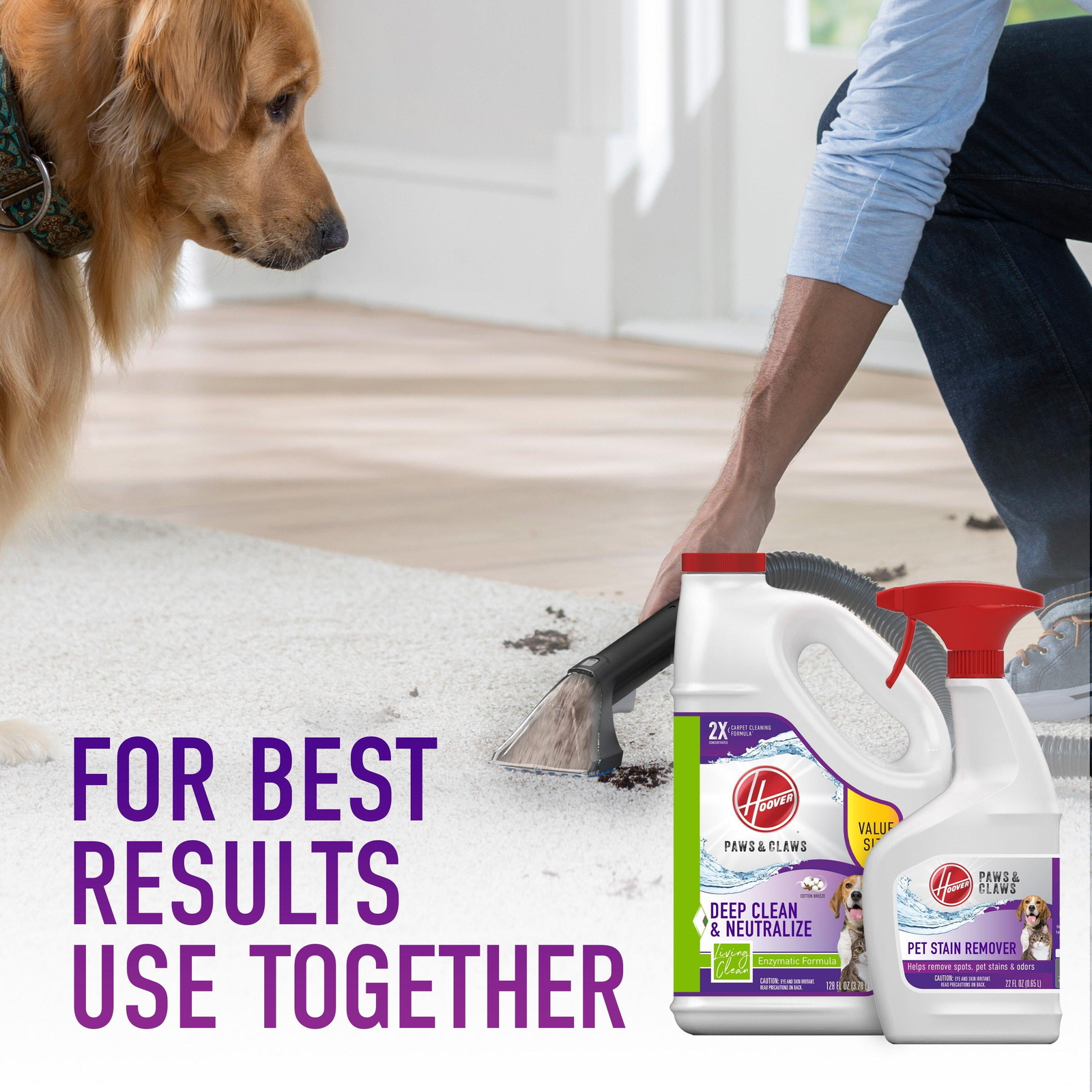 Hoover Paws & Claws Pet Stain and Odor Remover,Carpet Cleaner Solution,128 fl oz