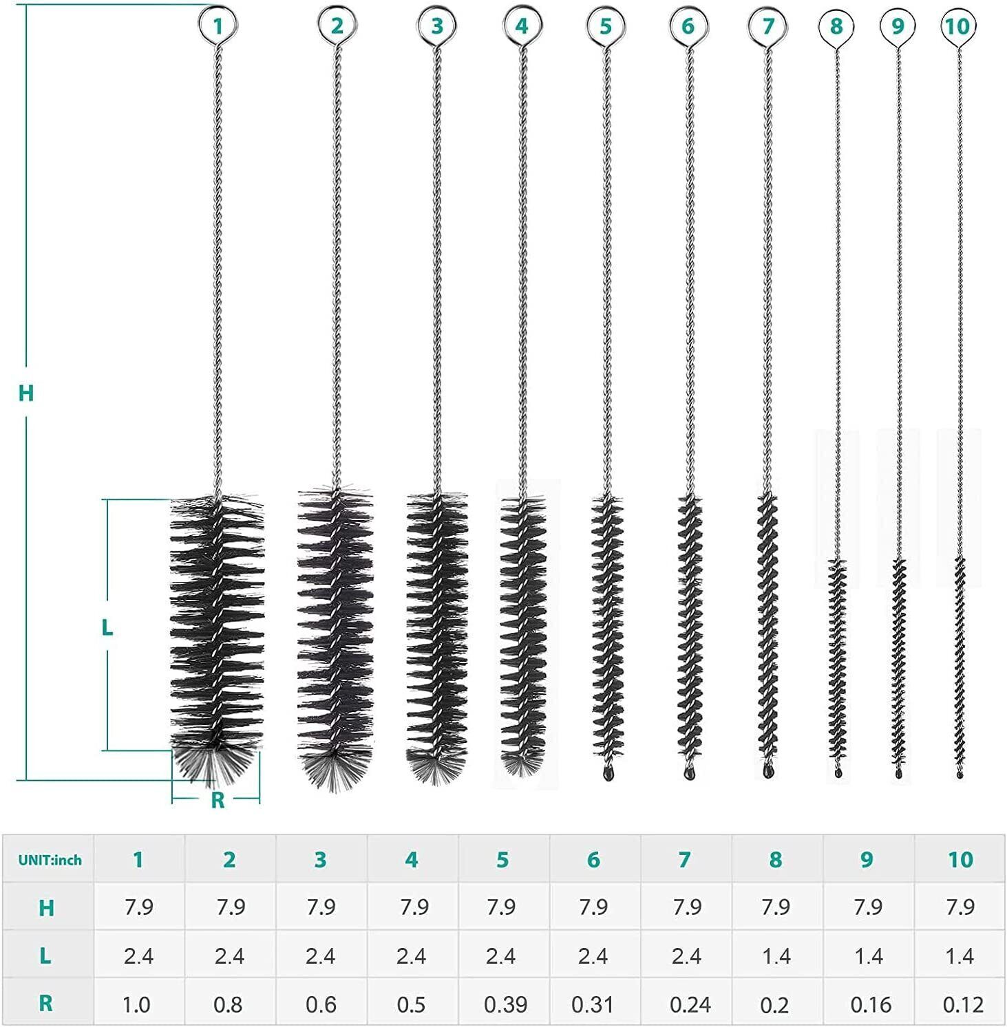 10-Pack Nylon Straw Cleaning Brushes–Stainless Steel Wire Drink Pipe Cleaner Kit