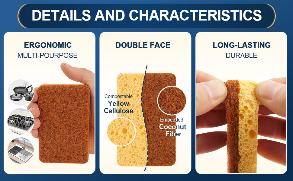 Cellulose Sponge 12 Pack Biodegradable Natural Kitchen Sponge Dual-Action