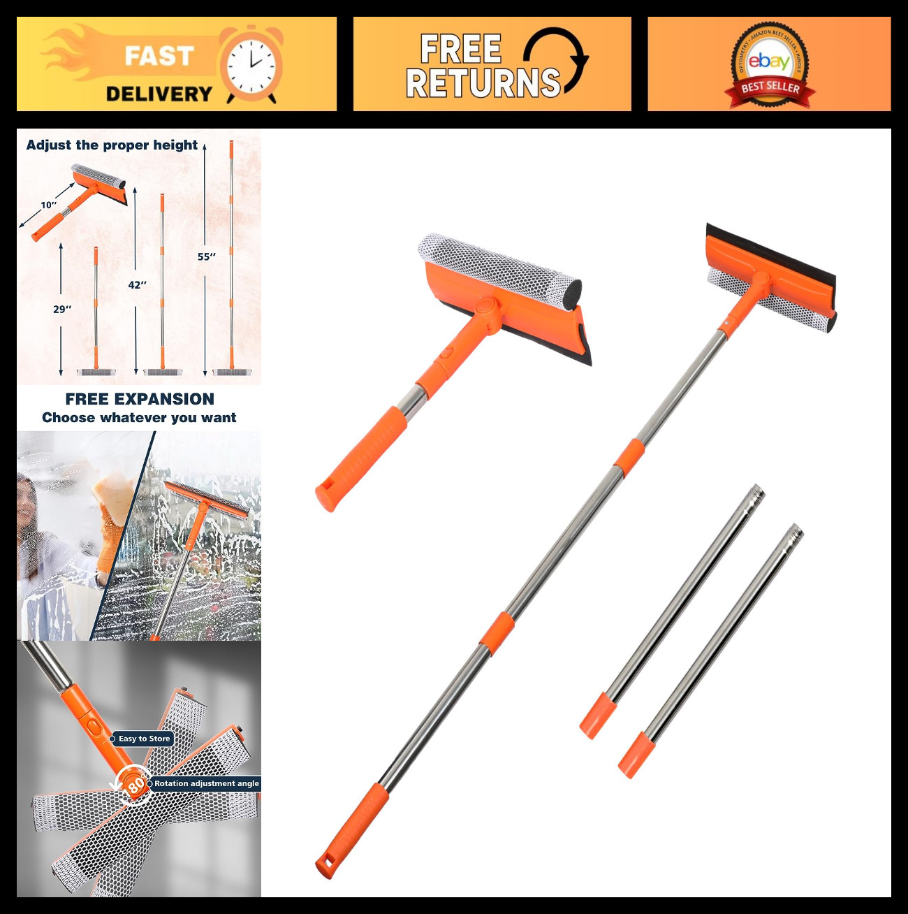 2-in-1 Window Squeegee Cleaner with Long Handle, Sponge & Stainless Steel for Gl