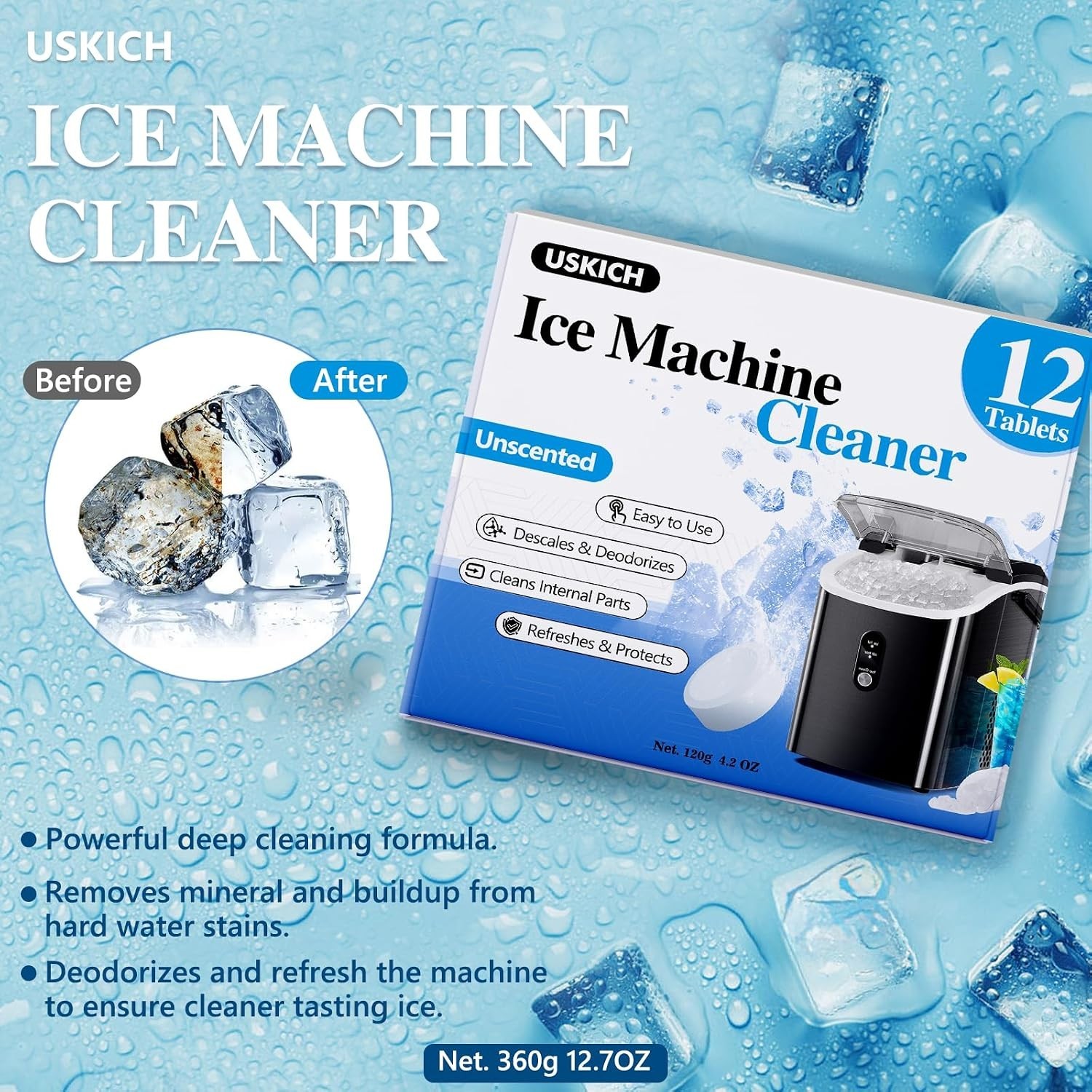 Food Grade Ice Machine Cleaner Tablets – Nickel Safe 12 Count for All Ice Makers