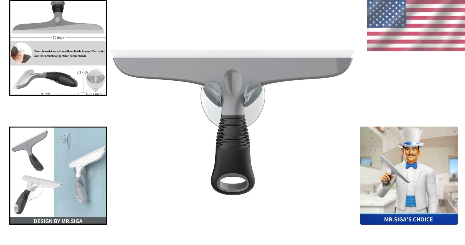 Heavy Duty 10-Inch Silicone Squeegee with Suction Hook in Modern Gray & Black