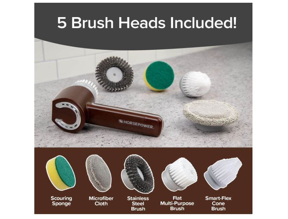 Horsepower Scrubber, Waterproof, Electric Power, Spins 350 RPM, 5 Brush Heads.