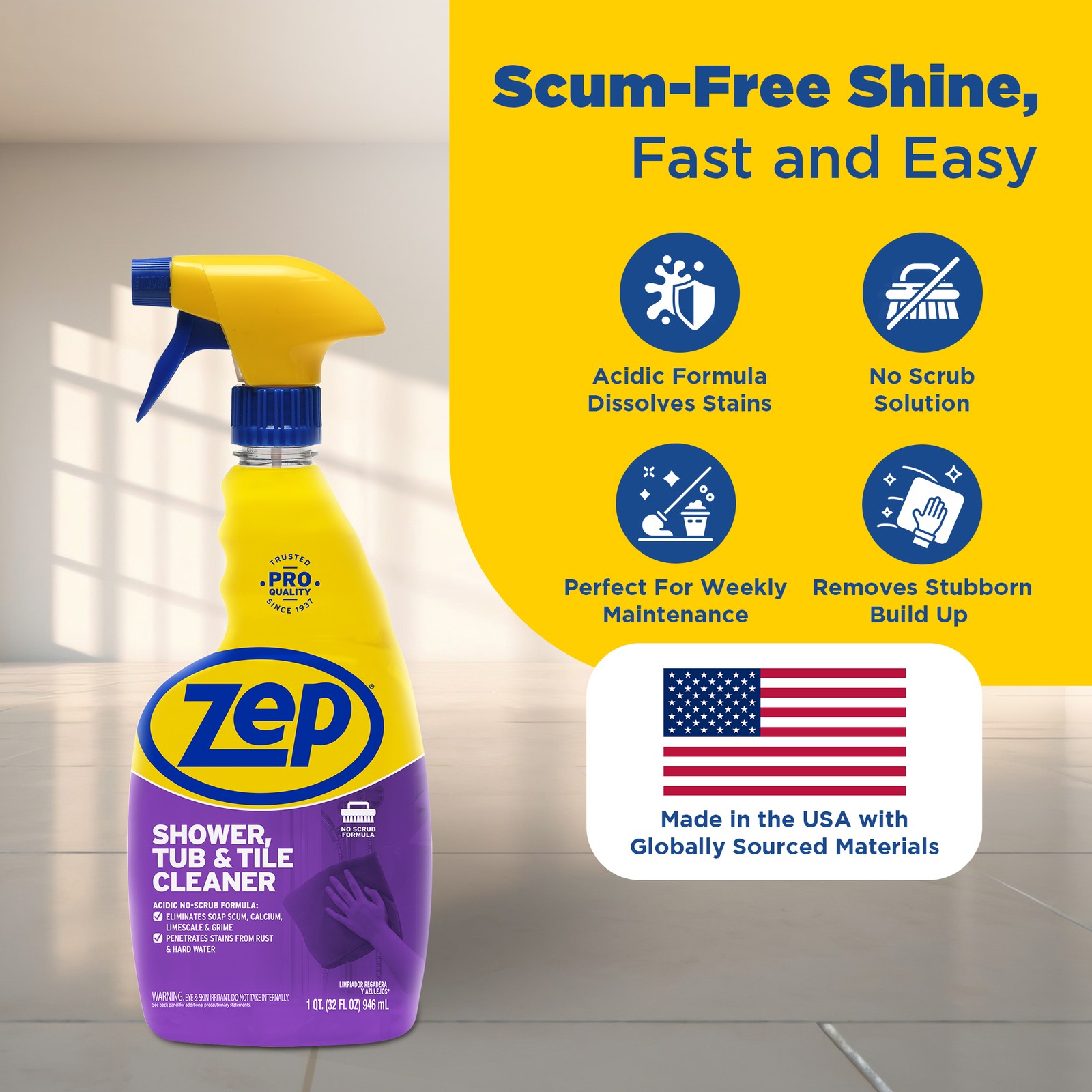 Zep Shower Tub and Tile Cleaner 32 oz ZUSTT32 (Case of 4) – No Scrub Pro Formula