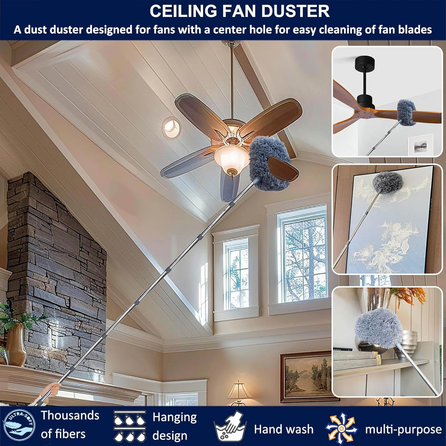 20+ Ft High Reach Ceiling Fan Duster & Cobweb & Corner Brush Duster with 3-14 Ft
