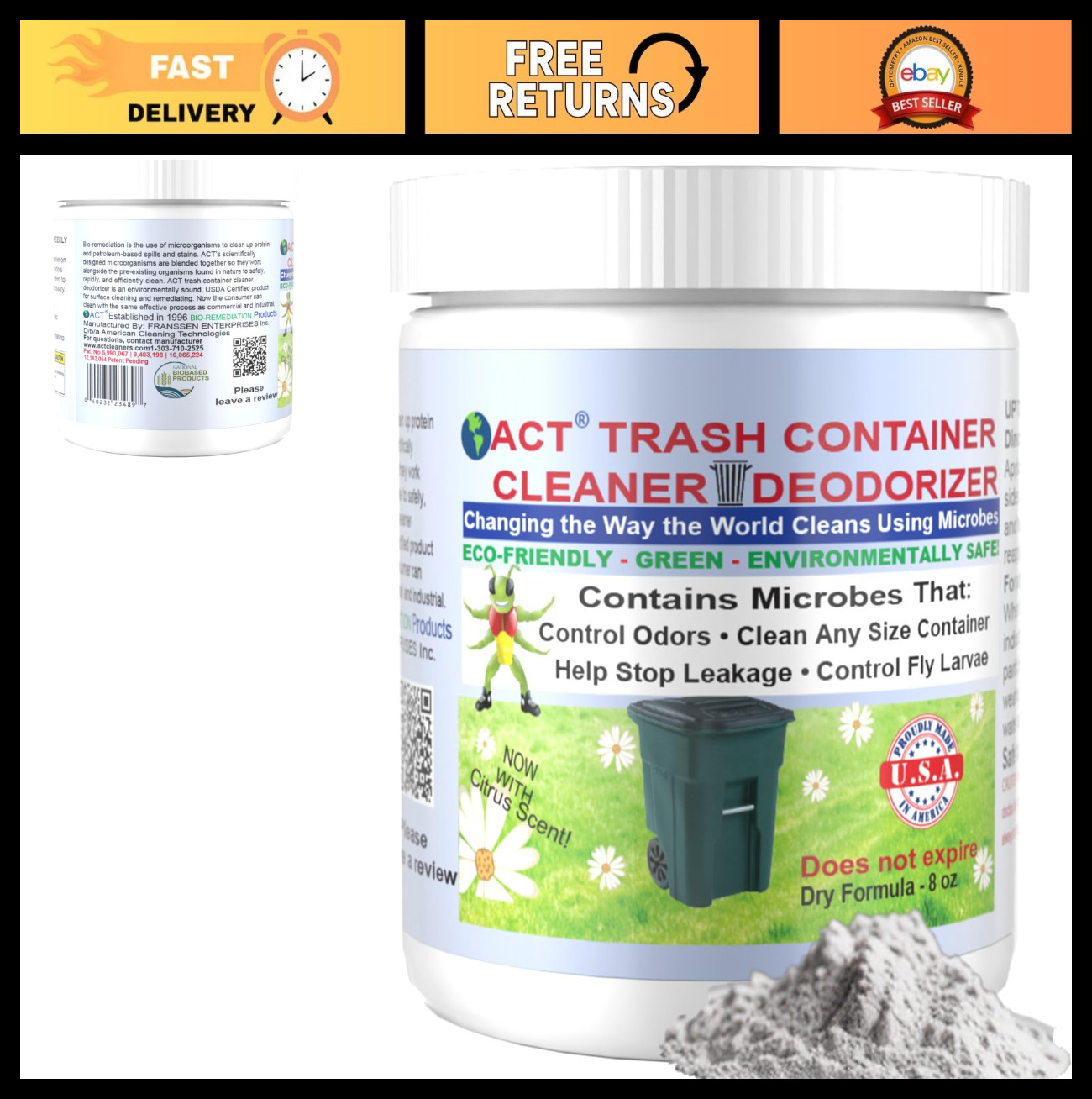 Eco-Friendly Trash Deodorizer & Cleaner | Eliminates Odors & Sludge | 8oz Dry Po