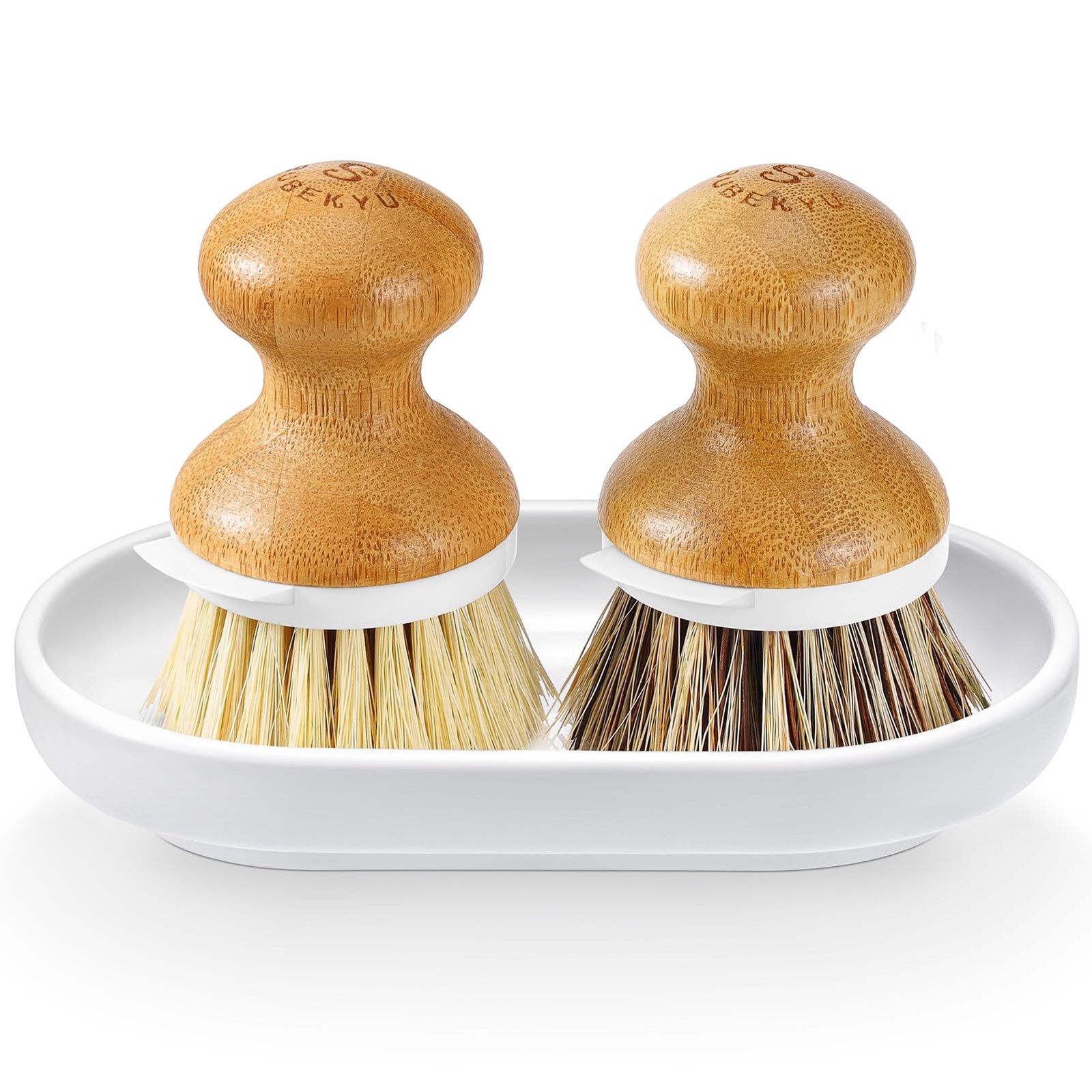 SUBEKYU Dish Brush, Bamboo Dish Scrubber Brush Set with Tray, Natural Kitchen…