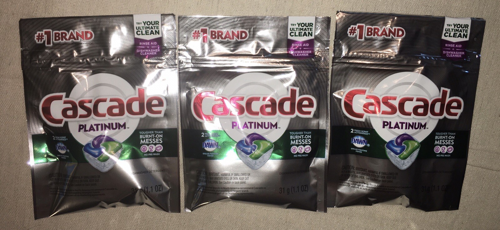 Cascade Platinum Dishwasher Cleaner Rinse Aid Dawn 2 Action Pacs Fresh Scent X 3