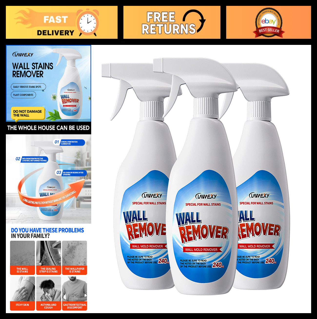 Effective Wall & Bathroom Cleaner Spray – Foam Cleaner for Shower, Tile, Wood –