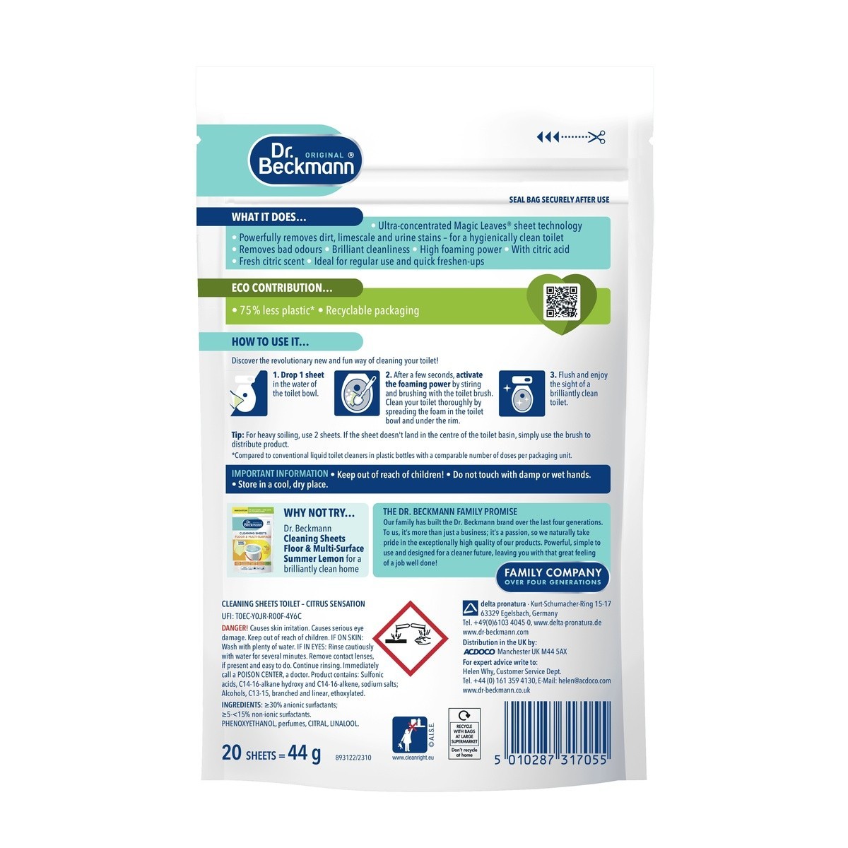 Dr Beckmann Toilet Cleaner Lemon Fresh Foaming Sachets Citrus Magic Leaves Sheet
