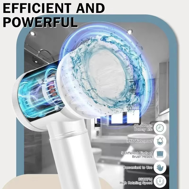 Electric Spin Scrubber with 5 Replaceable Brush Heads for Bathroom Cleaning