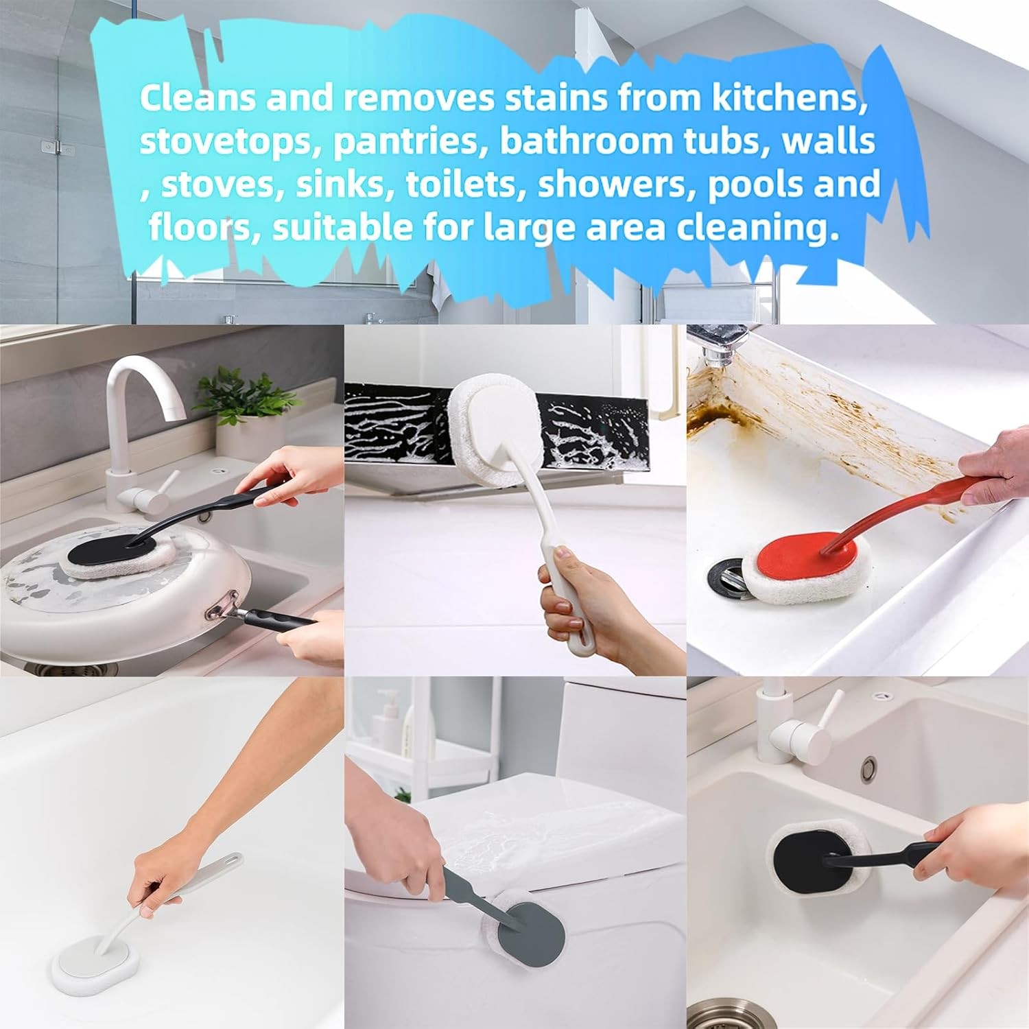 Long Handle Sponge Scrub Bathroom Brush, Sponge Cleaning Brush with Handle Large