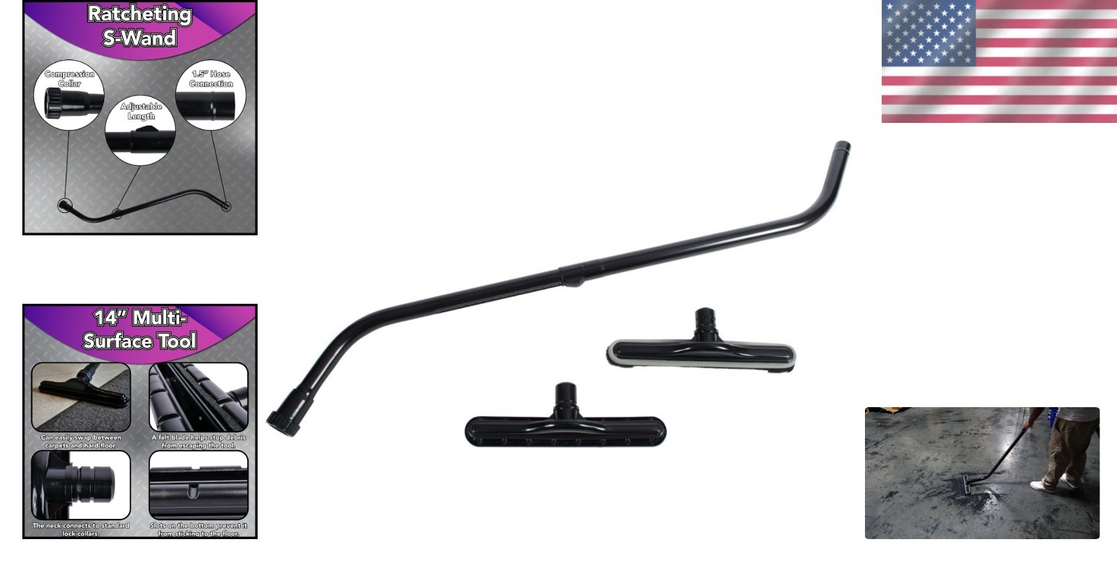 Commercial Cleaning Kit with Telescopic Aluminum S-Wand Vacuum Tools 14 Inch
