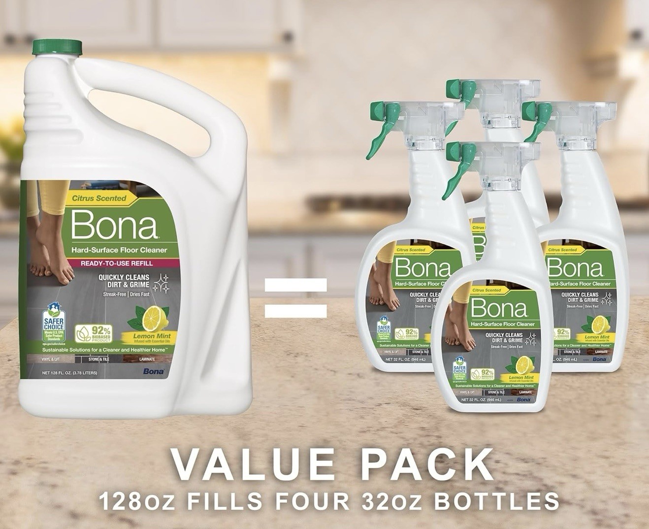 Bona Floor Cleaner Refill 128oz Citrus Scentedfor Tile Laminate Vinyl Stone Safe