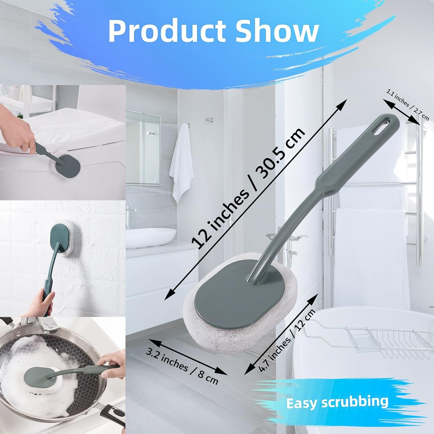 Long Handle Sponge Scrub Bathroom Brush, Sponge Cleaning Brush with Handle Large