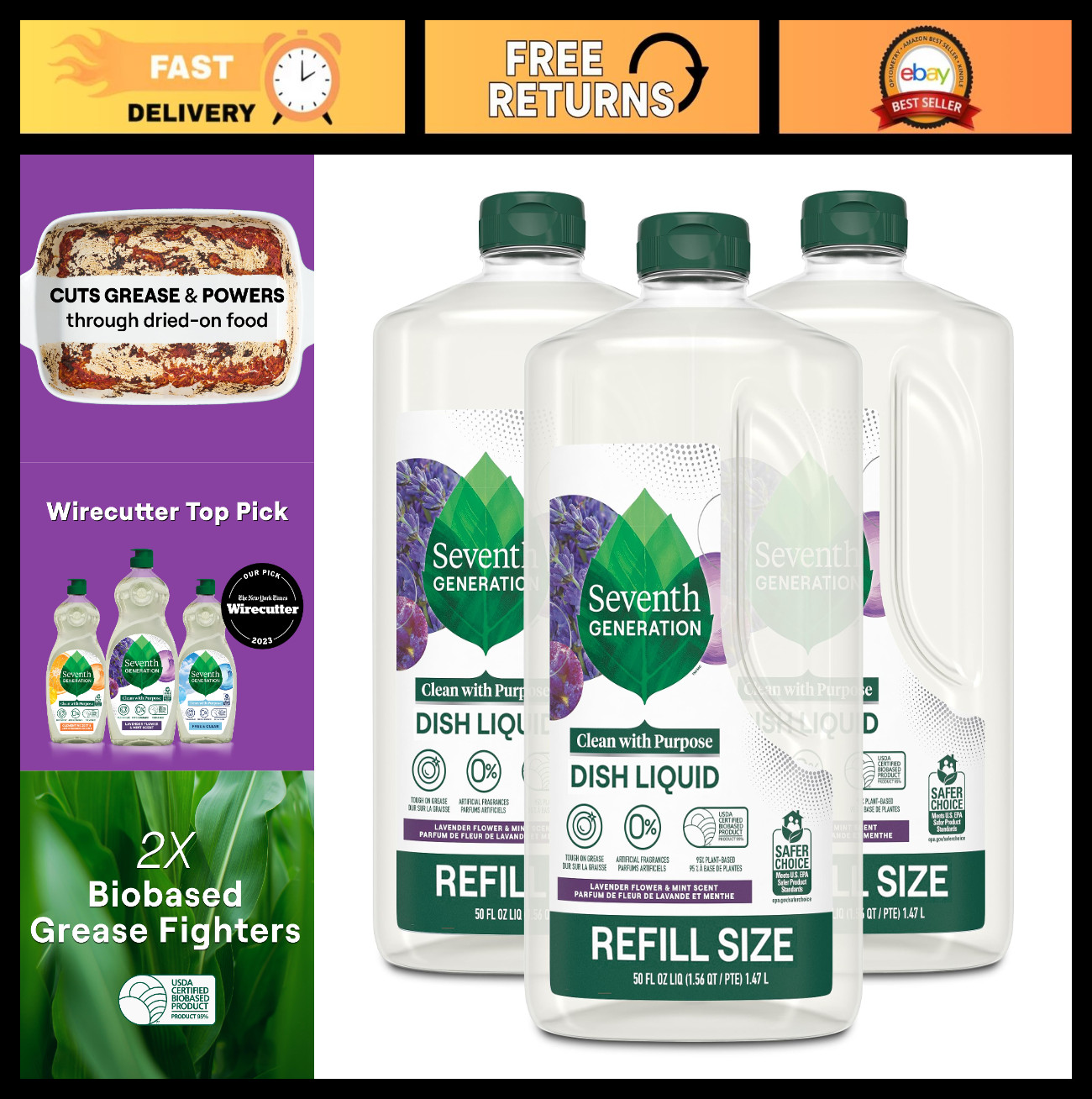 Eco-Friendly Dish Soap Refill 3-Pack, Lavender Mint Scent, 50 oz Each