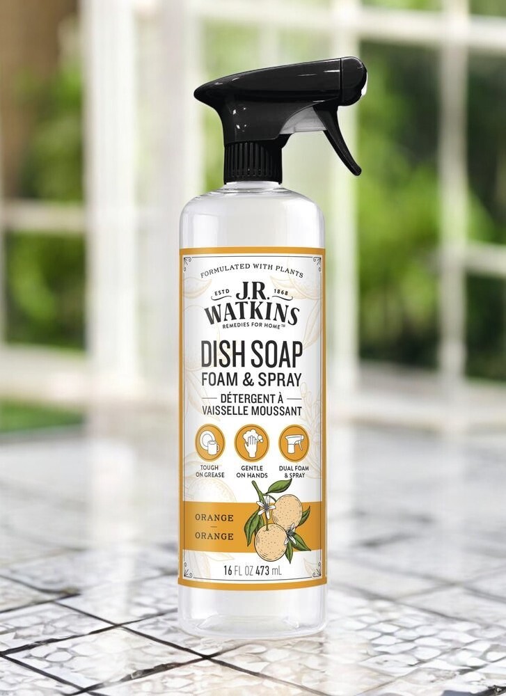 16 oz J.R. Watkins Orange Foaming Dish Soap Dermatologically Tested Clean Grease