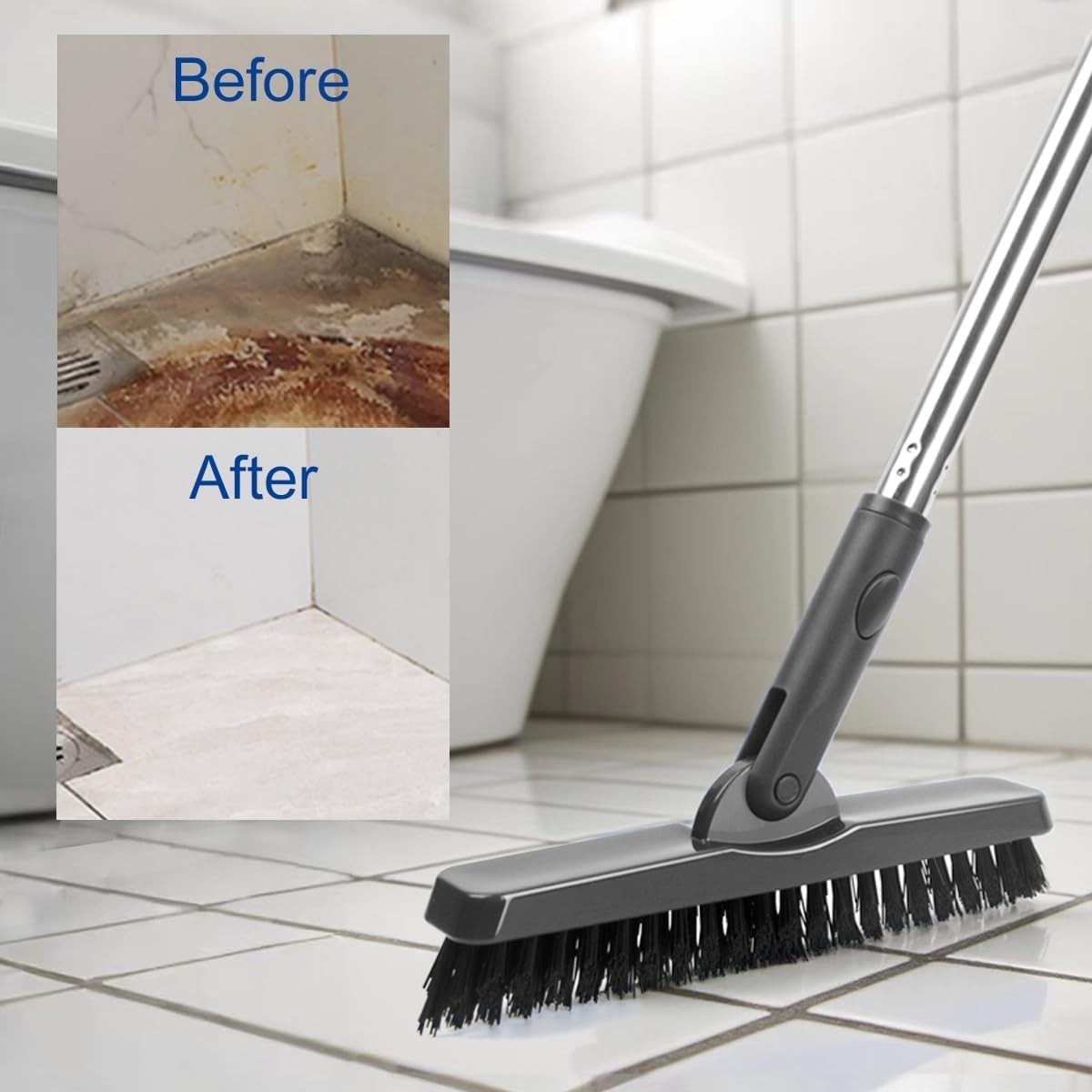 Grout Brush with Long Handle, 180°Rotation Tile Grout Cleaning Brush, Gray
