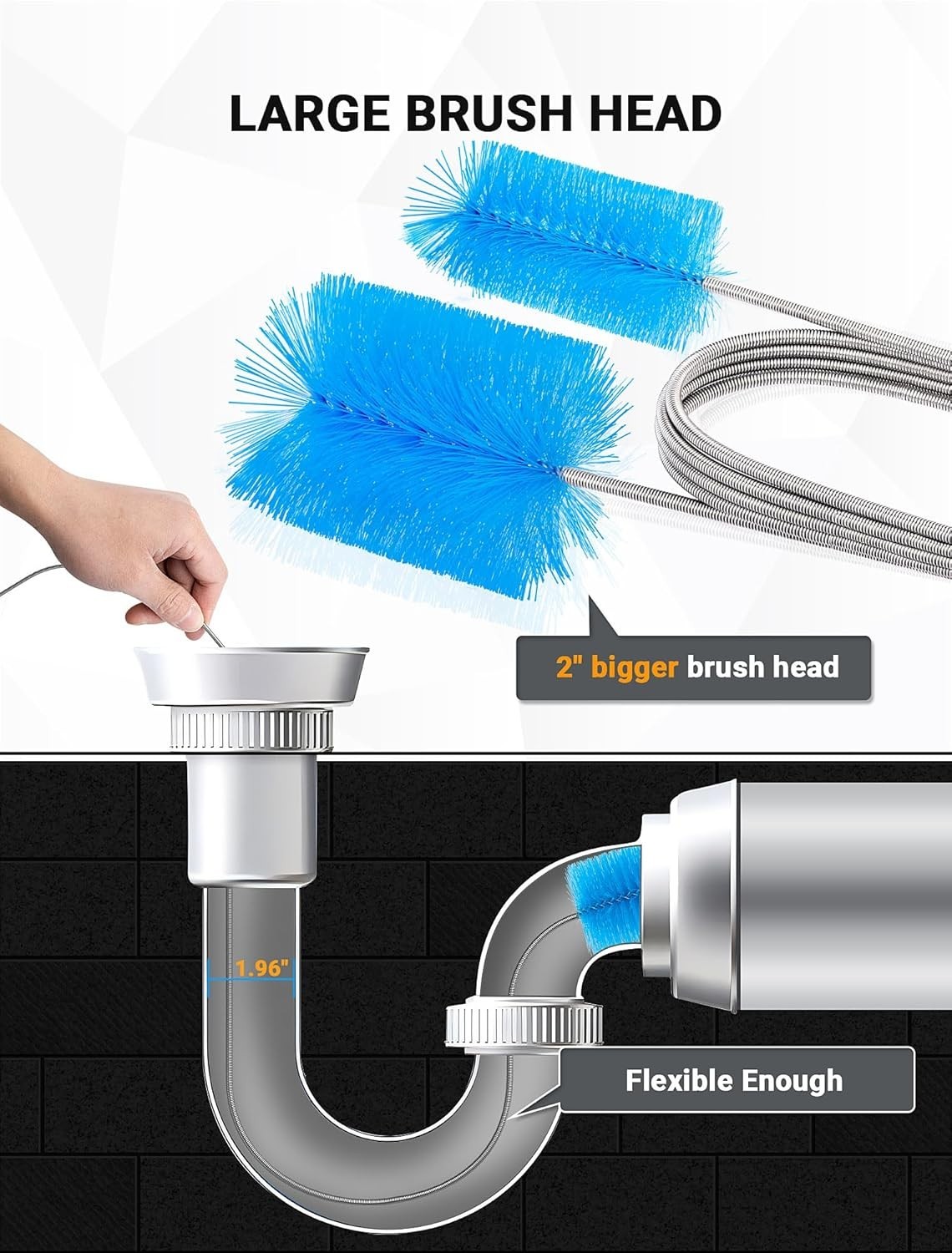 Flexible Long Drain Brush Tool with Large Double Elastic Nylon Ends, Stainles…