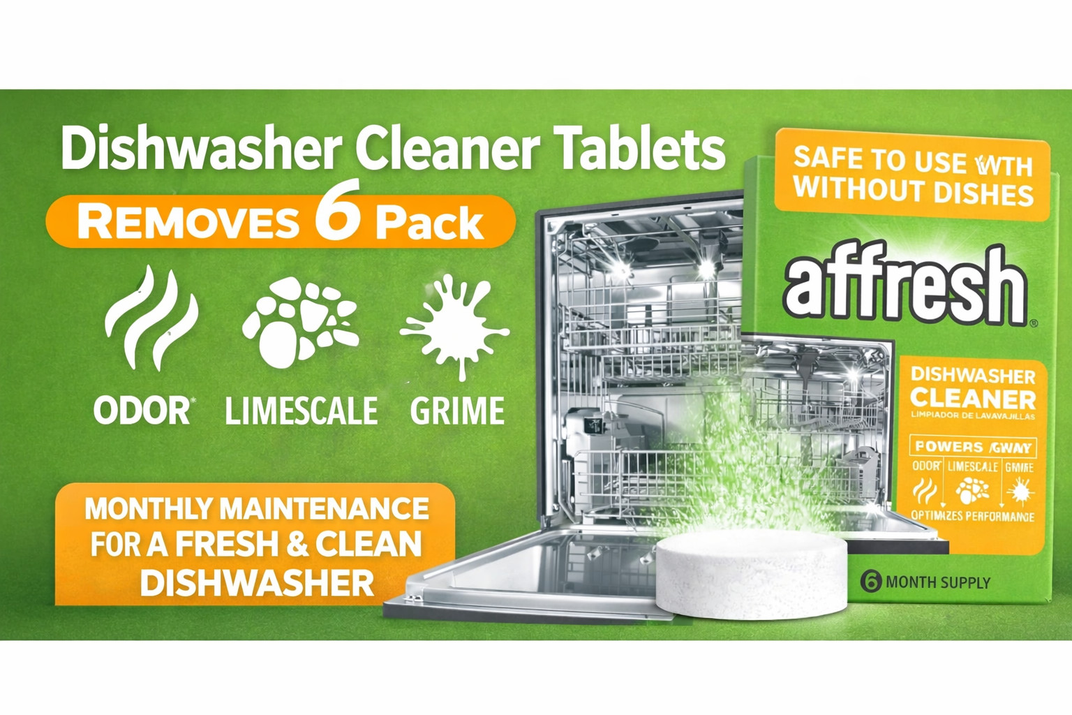 Dishwasher Cleaner Tablets 6 Pack Removes Odor Limescale Deep Clean Safe for all