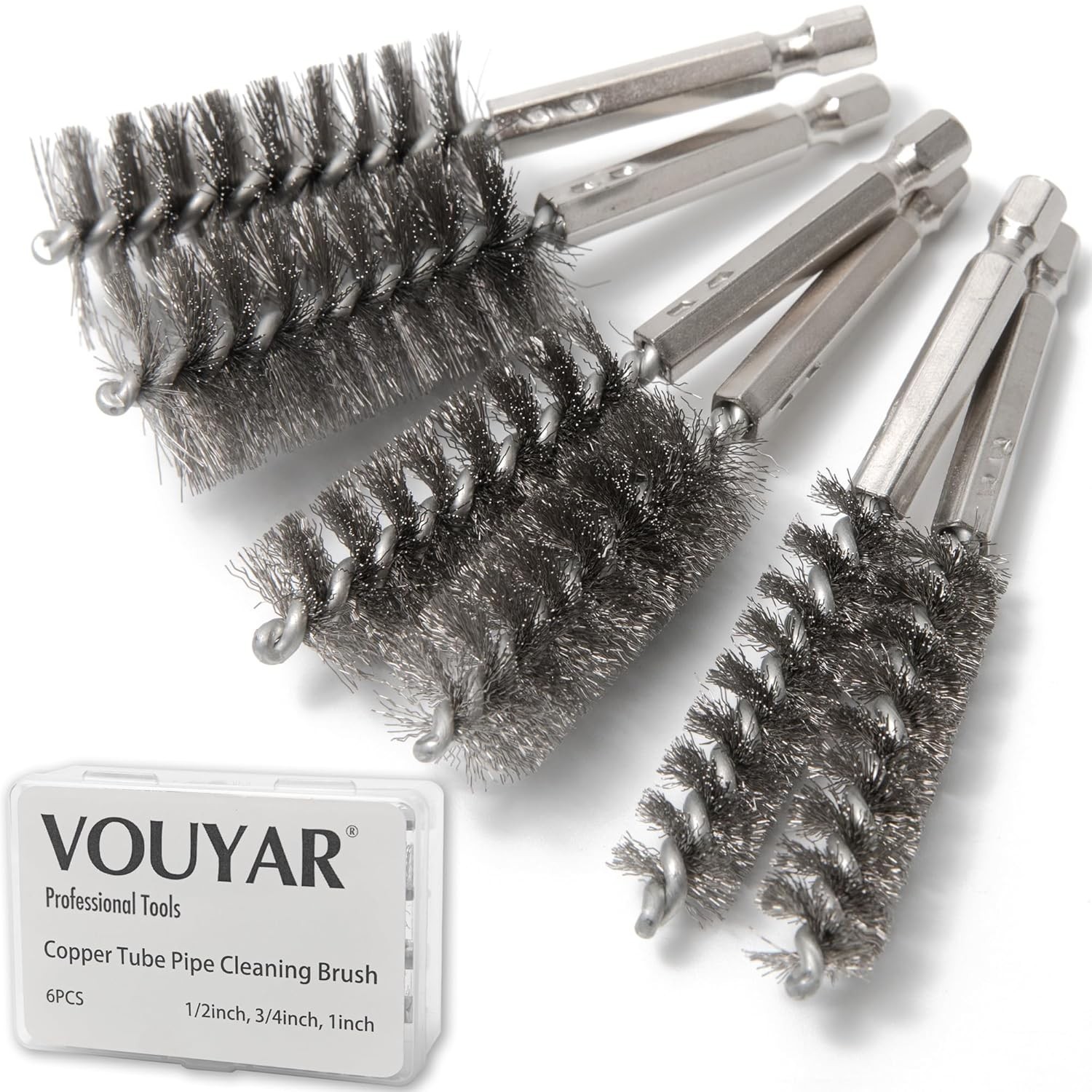 6-Piece Stainless Steel Pipe Cleaner Set for 1/2” to 1” Pipes – Durable Brushes