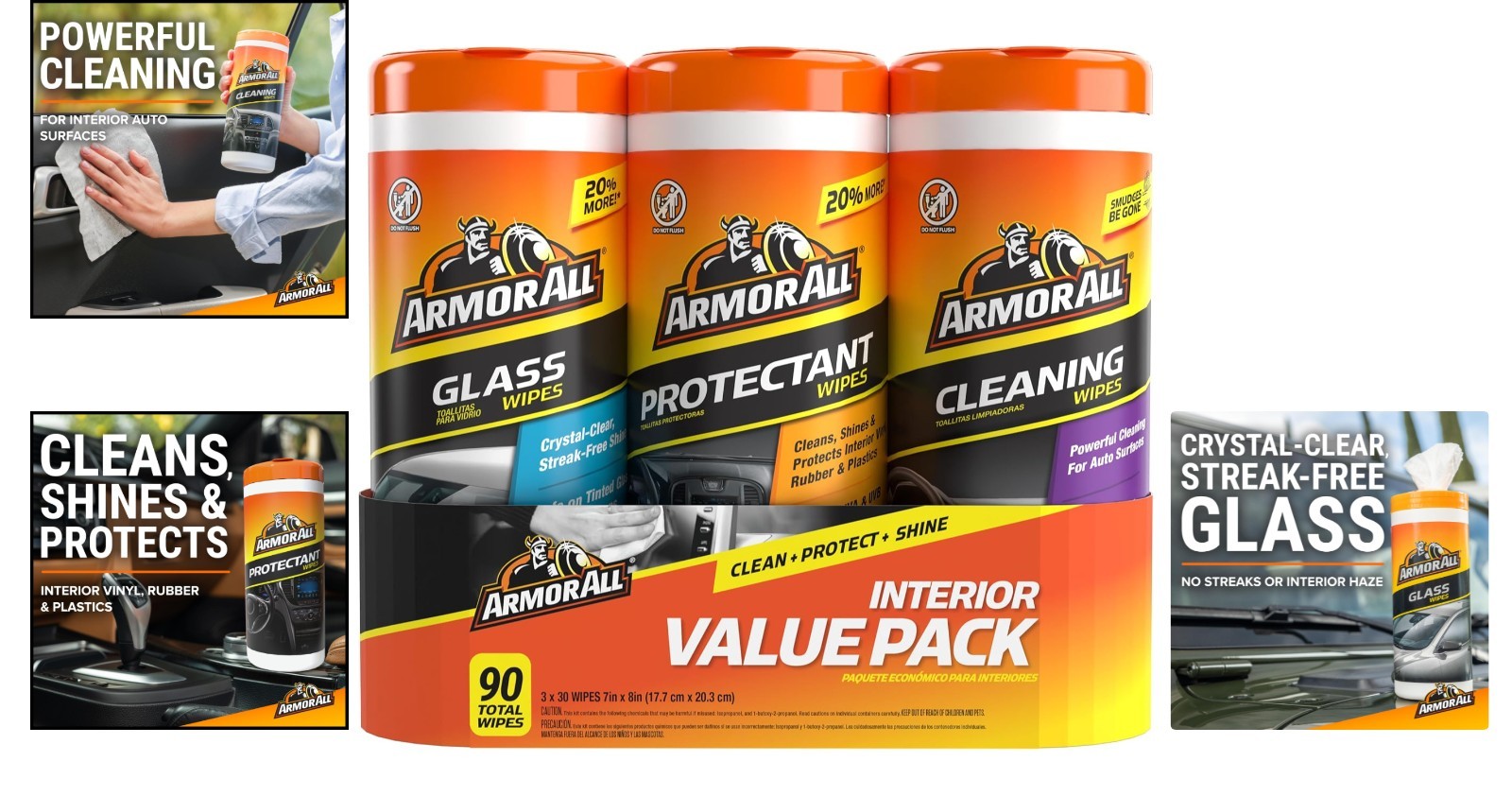 90 Count Multi-Pack of Car Cleaning Wipes – Protectant, Glass, Interior Care