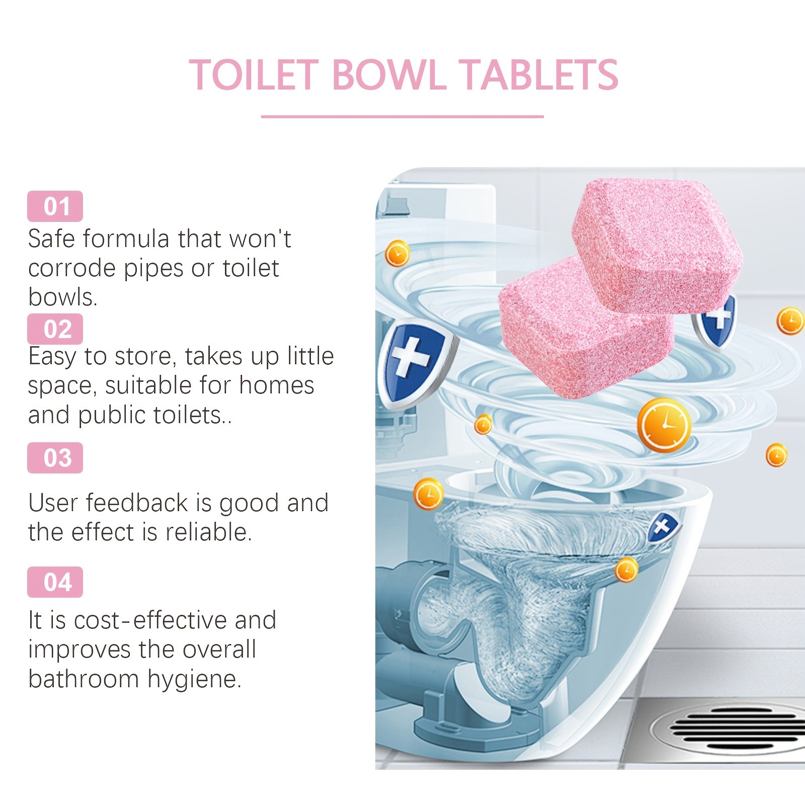 Hands-Free Compact Cost-Effective Bowl-Safe Toilet Cleaning Effervescent Tablets