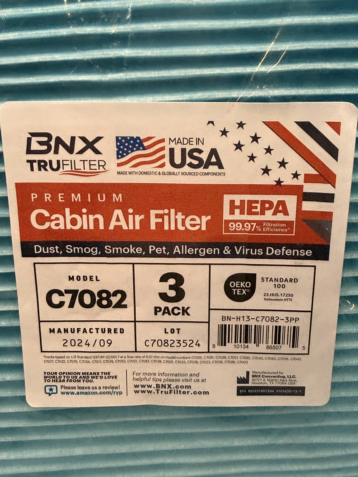 BNX TRUFILTER C7082 Premium HEPA Cabin Air Filter 3-Pack Made in USA OEKO-TEX