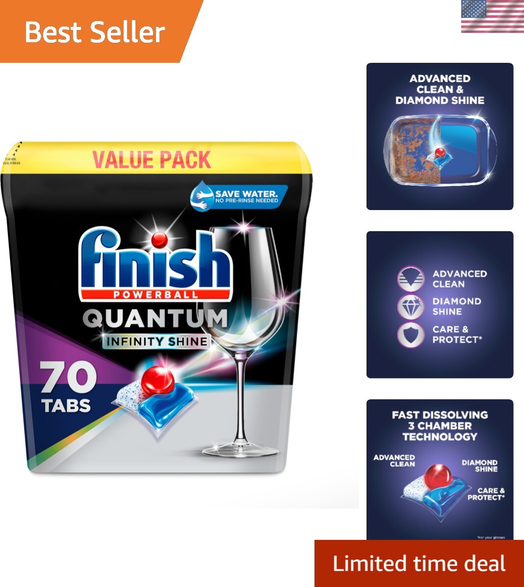 Powerful 70ct Quantum Infinity Shine Dishwasher Tablets – No Pre-Rinse Needed