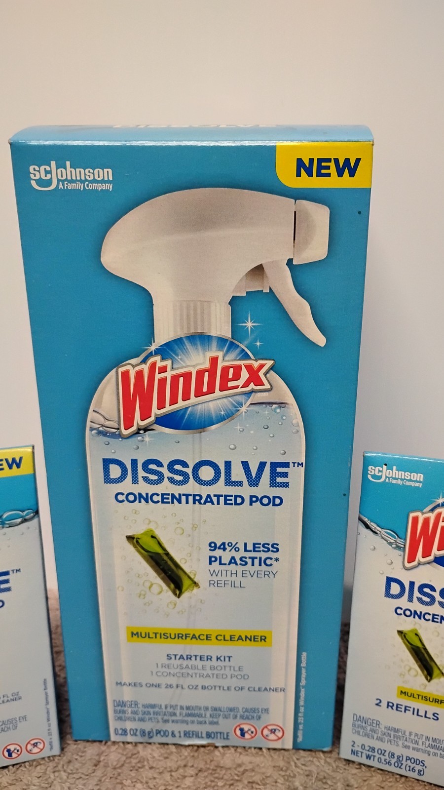 NEW Windex Dissolve Pod Multisurface Cleaner Starter Kit w/ 2 Box Refills. (03)