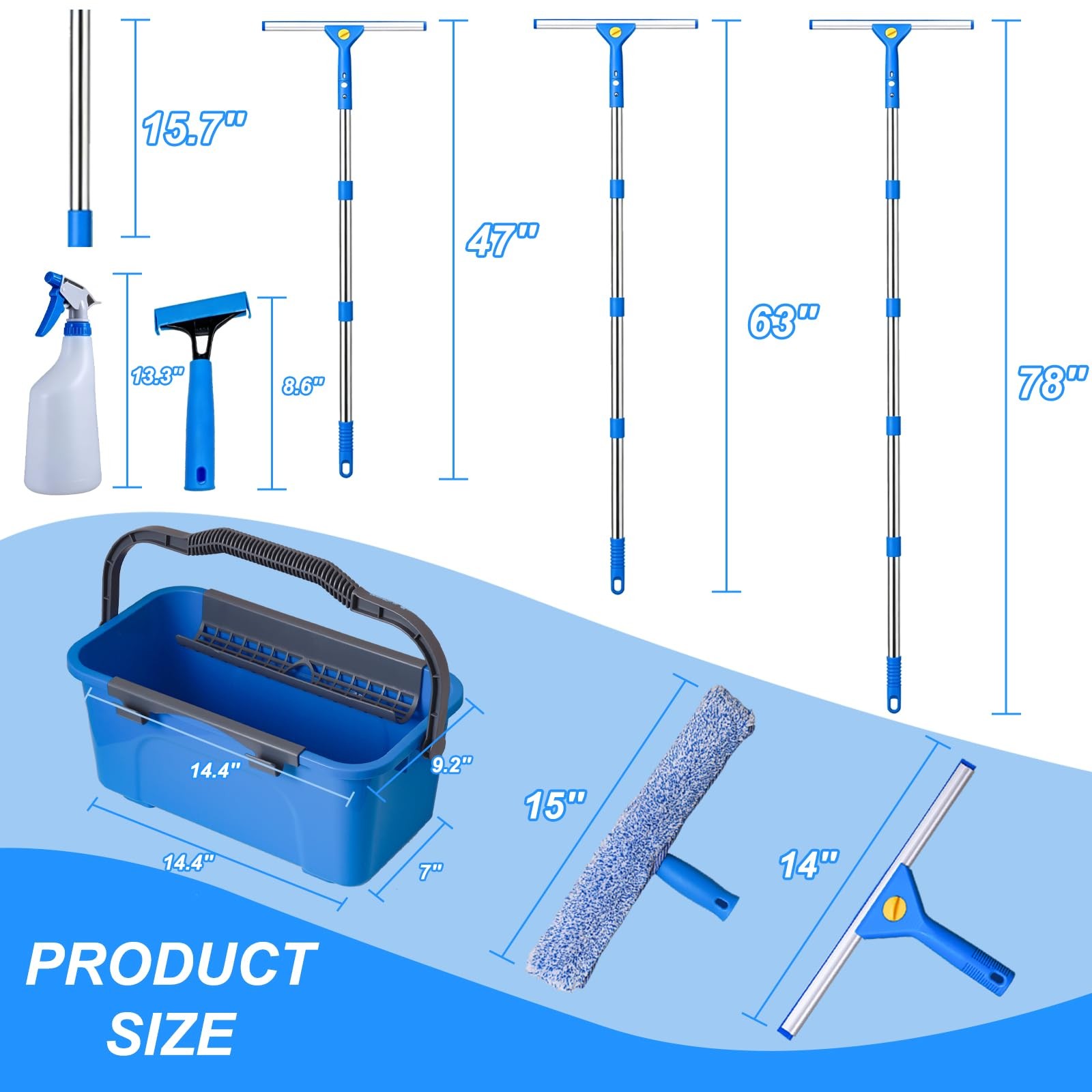 Professional Window Cleaning Kit with 76″ Telescopic Pole, Bucket 3 Gallon,2P…
